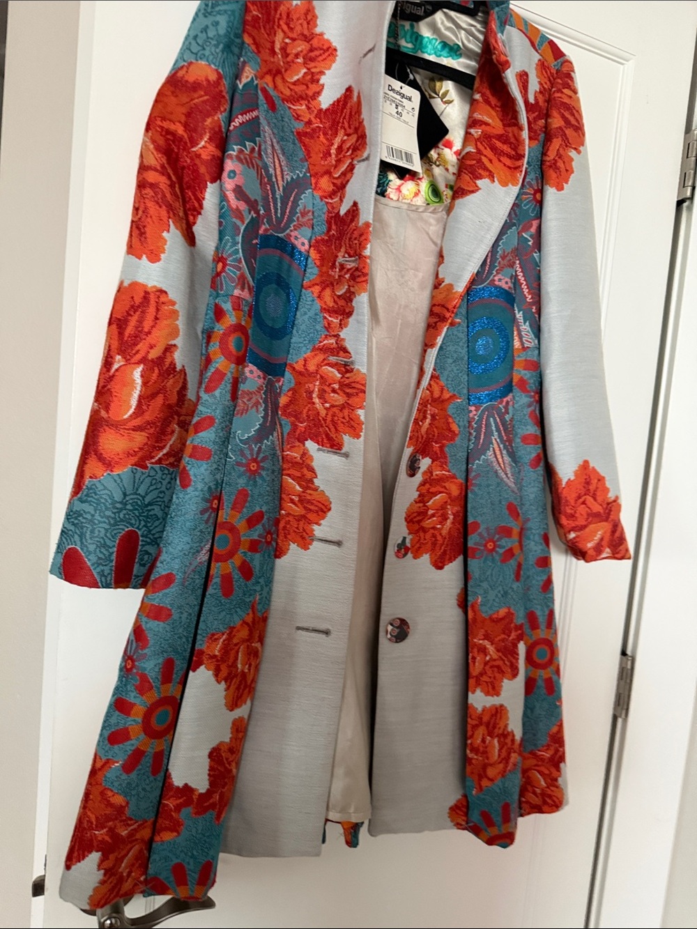 Desigual Light Gray Coat with Bold Red Floral & Teal Panels - Picture 3 of 5